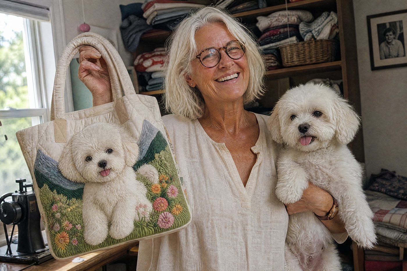 Rosie Whitfield holding the hand-quilted bag she made of her own dog, Bichon, with the real Bichon beside her