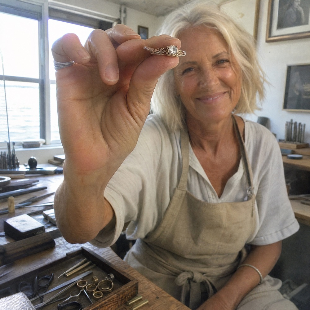 Rosie at her jewellery workbench holding a ring to the light