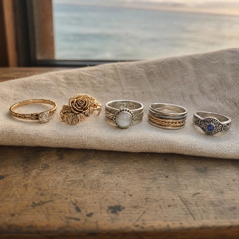 A lineup of Rosie's ring designs on linen