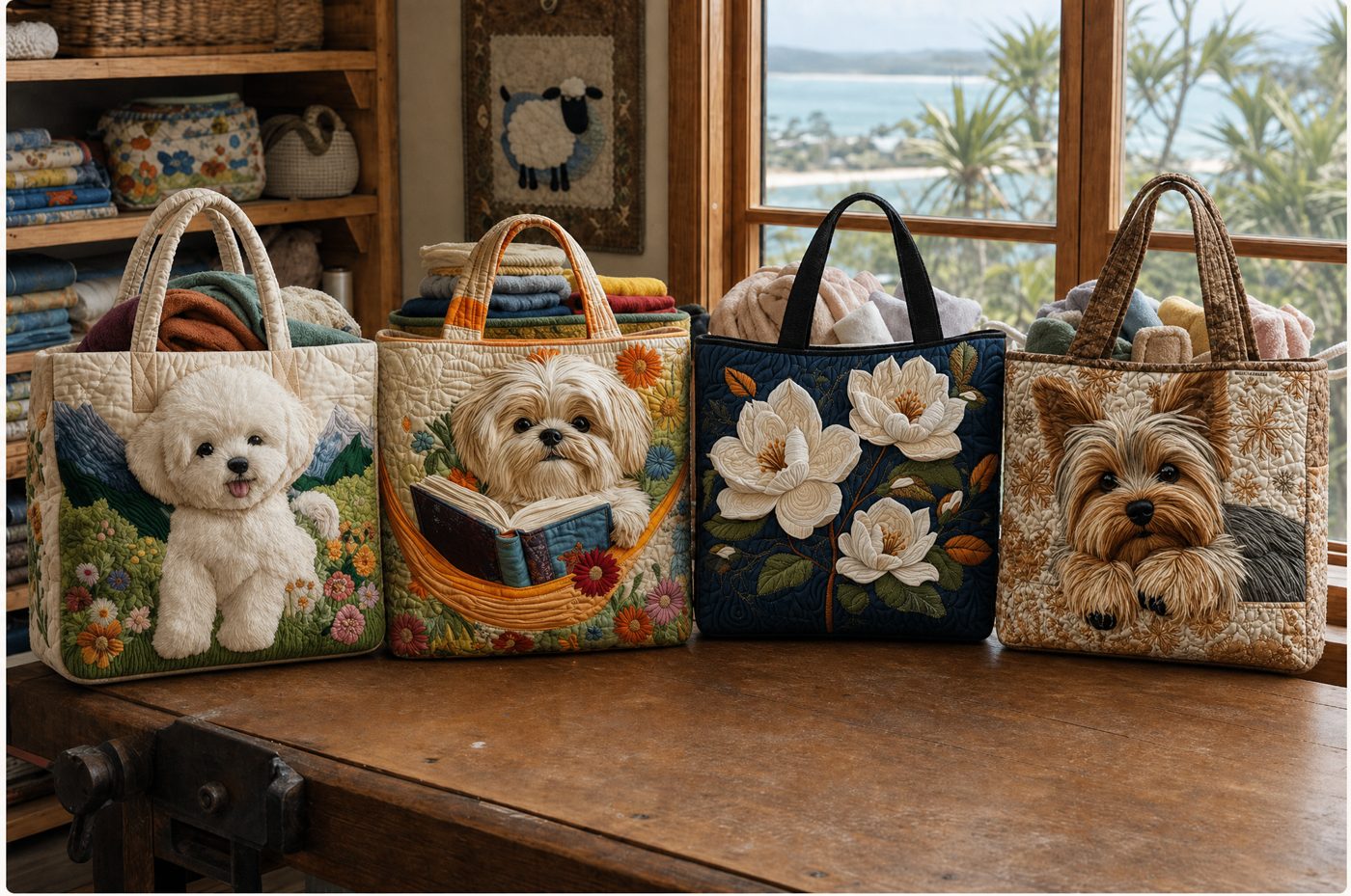 Four of Rosie's Portrait Bag designs lined up in her Noosa workshop, ocean visible through the window