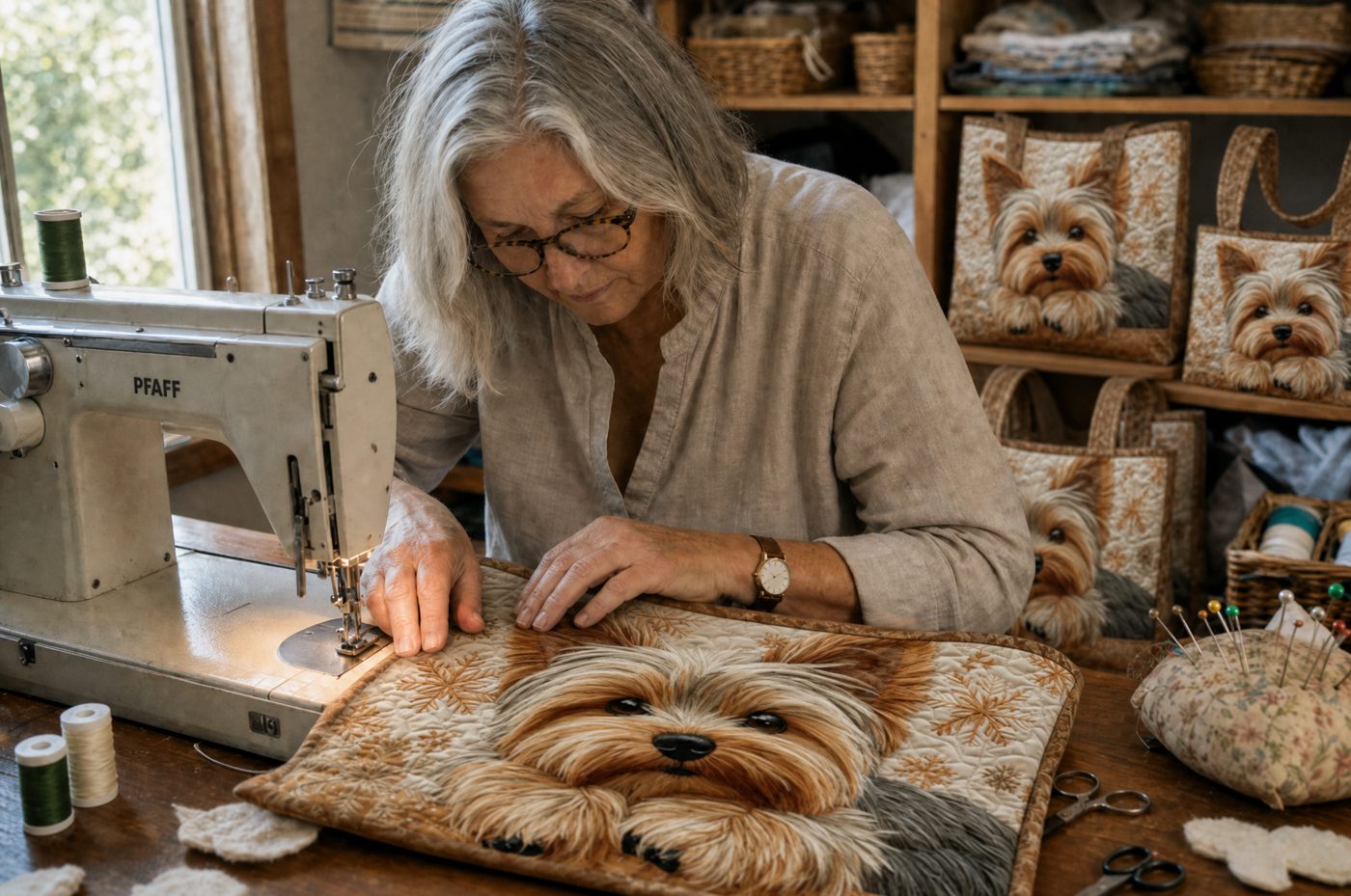 Rosie hand-stitching a customer's Yorkshire terrier portrait bag