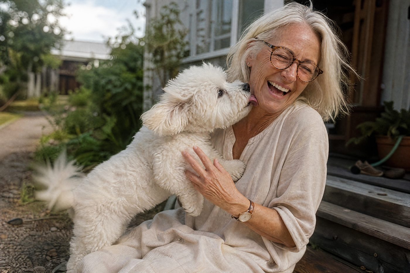 Rosie playing with her dog Bichon, the same dog stitched onto her first bag